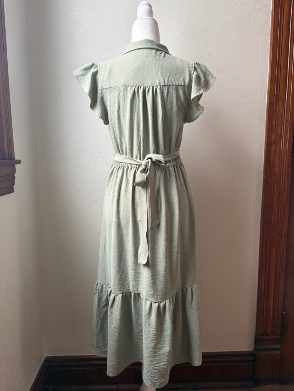 Lucky Brand Sage Green Midi Dress Flutter Sleeve Tie Waist Medium - Picture 6 of 9